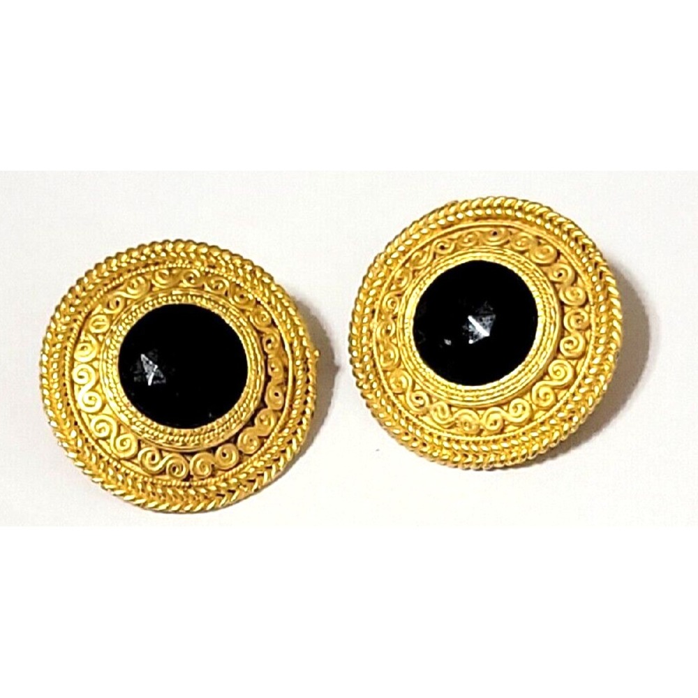 Vintage Gold Tone Textured Round Clip On Earrings, Black Lucite Faceted Bead